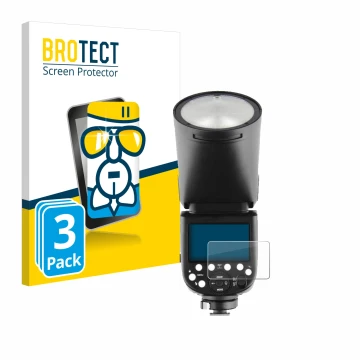 Parte frontal de un envase de producto con el logotipo de la marca BROTECT. Al lado se muestra el dispositivo Godox V1 con su 