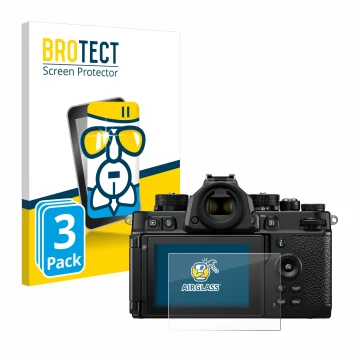 Parte frontal de un envase de producto con el logotipo de la marca BROTECT. Al lado se muestra el dispositivo Nikon Z F con su
