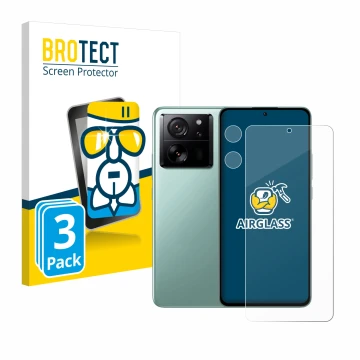 Parte frontal de un envase de producto con el logotipo de la marca BROTECT. Al lado se muestra el dispositivo Xiaomi 13T Pro (