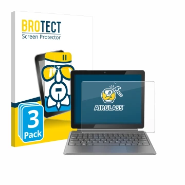 Parte frontal de un envase de producto con el logotipo de la marca BROTECT. Al lado se muestra el dispositivo Alldocube iWork 