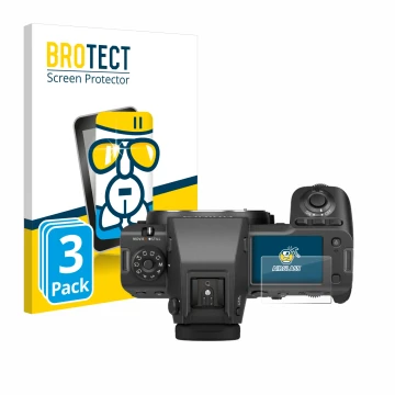 Parte frontal de un envase de producto con el logotipo de la marca BROTECT. Al lado se muestra el dispositivo Fujifilm GFX100 