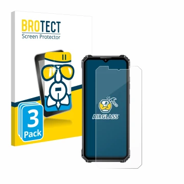 Parte frontal de un envase de producto con el logotipo de la marca BROTECT. Al lado se muestra el dispositivo Oukitel WP28 con