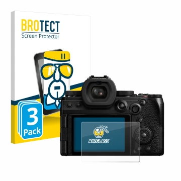 Parte frontal de un envase de producto con el logotipo de la marca BROTECT. Al lado se muestra el dispositivo Panasonic Lumix 