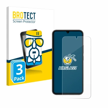 Parte frontal de un envase de producto con el logotipo de la marca BROTECT. Al lado se muestra el dispositivo Samsung Galaxy A
