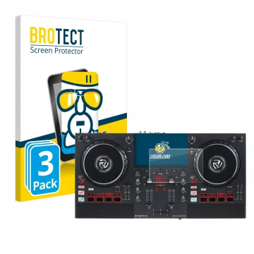 Parte frontal de un envase de producto con el logotipo de la marca BROTECT. Al lado se muestra el dispositivo Numark Mixstream
