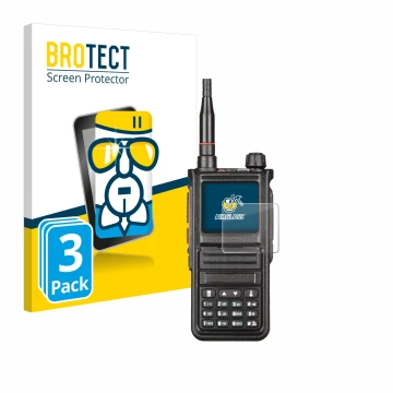 Parte frontal de un envase de producto con el logotipo de la marca BROTECT. Al lado se muestra el dispositivo Radtel RT-470X c