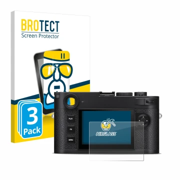 Parte frontal de un envase de producto con el logotipo de la marca BROTECT. Al lado se muestra el dispositivo Leica M11-P con 