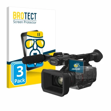 Parte frontal de un envase de producto con el logotipo de la marca BROTECT. Al lado se muestra el dispositivo Panasonic HC-X2 