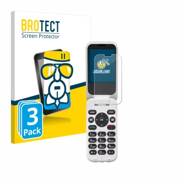 Parte frontal de un envase de producto con el logotipo de la marca BROTECT. Al lado se muestra el dispositivo Doro 6820 con su