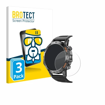 Parte frontal de un envase de producto con el logotipo de la marca BROTECT. Al lado se muestra el dispositivo Lemfo Smartwatch
