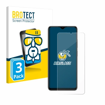 Parte frontal de un envase de producto con el logotipo de la marca BROTECT. Al lado se muestra el dispositivo ZTE Blade A73 co