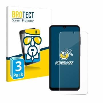 Parte frontal de un envase de producto con el logotipo de la marca BROTECT. Al lado se muestra el dispositivo Samsung Galaxy A