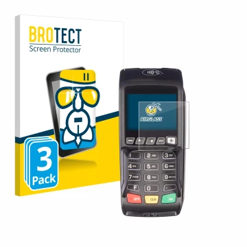 Parte frontal de un envase de producto con el logotipo de la marca BROTECT. Al lado se muestra el dispositivo ingenico Desk/35