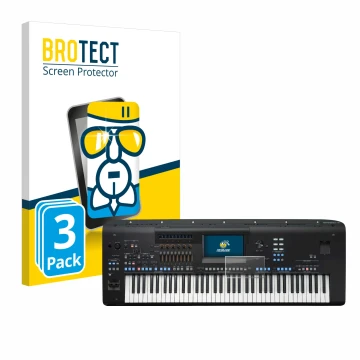 Parte frontal de un envase de producto con el logotipo de la marca BROTECT. Al lado se muestra el dispositivo Yamaha Genos2 co