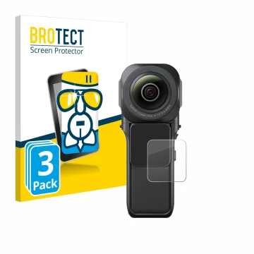 Parte frontal de un envase de producto con el logotipo de la marca BROTECT. Al lado se muestra el dispositivo Insta360 One RS 