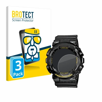 Parte frontal de un envase de producto con el logotipo de la marca BROTECT. Al lado se muestra el dispositivo Casio G-Shock GA