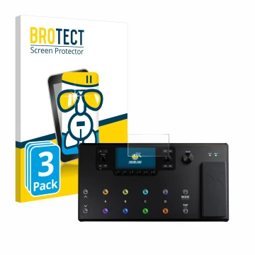 Parte frontal de un envase de producto con el logotipo de la marca BROTECT. Al lado se muestra el dispositivo Line 6 Helix LT 