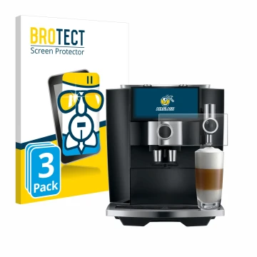 Parte frontal de un envase de producto con el logotipo de la marca BROTECT. Al lado se muestra el dispositivo Jura J8 twin con