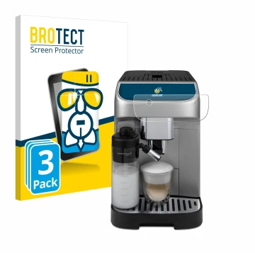 Parte frontal de un envase de producto con el logotipo de la marca BROTECT. Al lado se muestra el dispositivo DeLonghi Magnifi