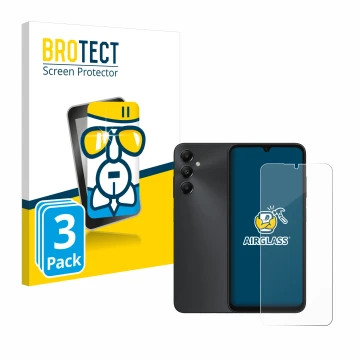 Parte frontal de un envase de producto con el logotipo de la marca BROTECT. Al lado se muestra el dispositivo Samsung Galaxy A