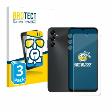 Parte frontal de un envase de producto con el logotipo de la marca BROTECT. Al lado se muestra el dispositivo Samsung Galaxy A