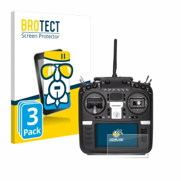 Parte frontal de un envase de producto con el logotipo de la marca BROTECT. Al lado se muestra el dispositivo Radiomaster TX16