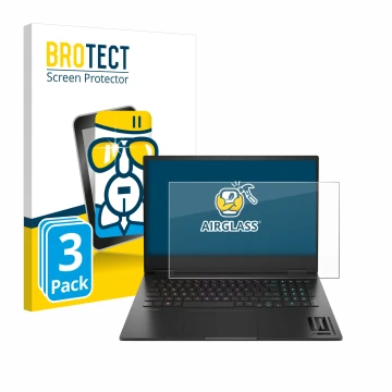 Parte frontal de un envase de producto con el logotipo de la marca BROTECT. Al lado se muestra el dispositivo HP Omen 16 2024 