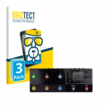 Parte frontal de un envase de producto con el logotipo de la marca BROTECT. Al lado se muestra el dispositivo Line 6 hx stomp 