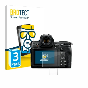 Parte frontal de un envase de producto con el logotipo de la marca BROTECT. Al lado se muestra el dispositivo Nikon Z 8 (Panta
