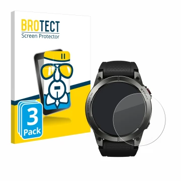 Parte frontal de un envase de producto con el logotipo de la marca BROTECT. Al lado se muestra el dispositivo Zeblaze Stratos 