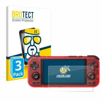Parte frontal de un envase de producto con el logotipo de la marca BROTECT. Al lado se muestra el dispositivo Retroid Pocket 4