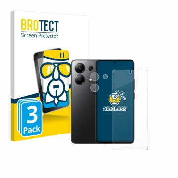 Parte frontal de un envase de producto con el logotipo de la marca BROTECT. Al lado se muestra el dispositivo Xiaomi Redmi Not