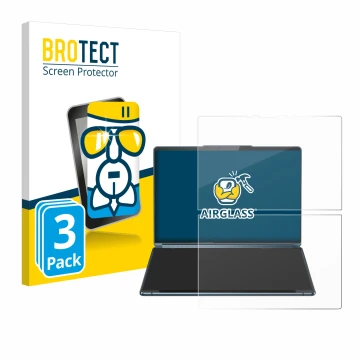 Parte frontal de un envase de producto con el logotipo de la marca BROTECT. Al lado se muestra el dispositivo Lenovo Yoga Book