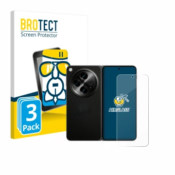 Parte frontal de un envase de producto con el logotipo de la marca BROTECT. Al lado se muestra el dispositivo OnePlus Open (ca