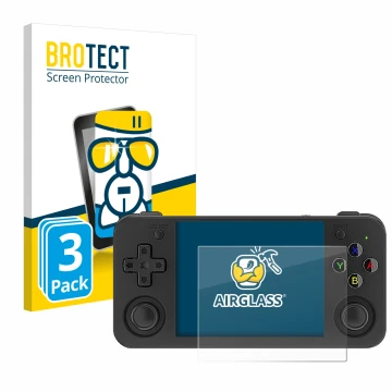 Parte frontal de un envase de producto con el logotipo de la marca BROTECT. Al lado se muestra el dispositivo Anbernic RG35XX 