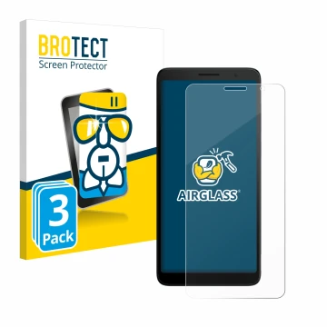 Parte frontal de un envase de producto con el logotipo de la marca BROTECT. Al lado se muestra el dispositivo TCL 501 con su p