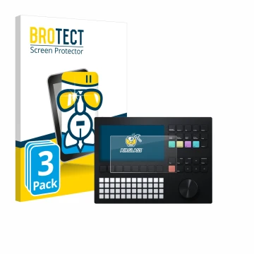 Parte frontal de un envase de producto con el logotipo de la marca BROTECT. Al lado se muestra el dispositivo Polyend Tracker 