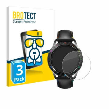 Parte frontal de un envase de producto con el logotipo de la marca BROTECT. Al lado se muestra el dispositivo Xiaomi Watch S3 