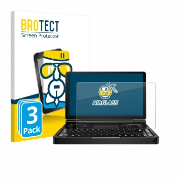 Parte frontal de un envase de producto con el logotipo de la marca BROTECT. Al lado se muestra el dispositivo GPD Win Mini (20