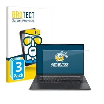 Parte frontal de un envase de producto con el logotipo de la marca BROTECT. Al lado se muestra el dispositivo Lenovo ThinkPad 