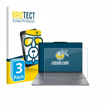 Parte frontal de un envase de producto con el logotipo de la marca BROTECT. Al lado se muestra el dispositivo Lenovo ThinkBook