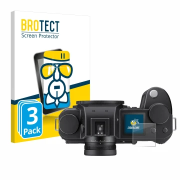 Parte frontal de un envase de producto con el logotipo de la marca BROTECT. Al lado se muestra el dispositivo Leica SL3 (panta