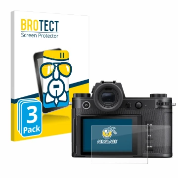 Parte frontal de un envase de producto con el logotipo de la marca BROTECT. Al lado se muestra el dispositivo Leica SL3 (Panta