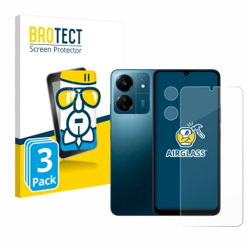 Parte frontal de un envase de producto con el logotipo de la marca BROTECT. Al lado se muestra el dispositivo Xiaomi Redmi 13C