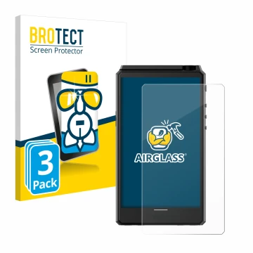 Parte frontal de un envase de producto con el logotipo de la marca BROTECT. Al lado se muestra el dispositivo Hiby R6 III con 