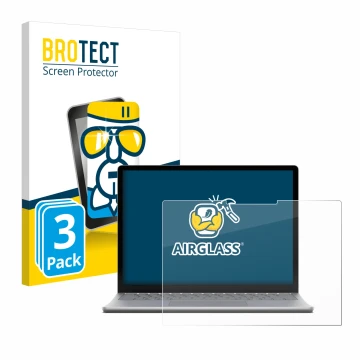 Parte frontal de un envase de producto con el logotipo de la marca BROTECT. Al lado se muestra el dispositivo Microsoft Surfac