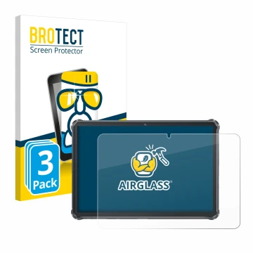 Parte frontal de un envase de producto con el logotipo de la marca BROTECT. Al lado se muestra el dispositivo Oukitel RT8 con 