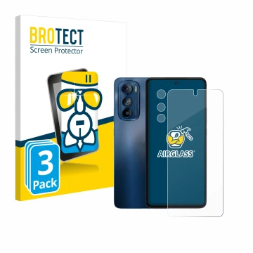Parte frontal de un envase de producto con el logotipo de la marca BROTECT. Al lado se muestra el dispositivo Motorola Edge 30