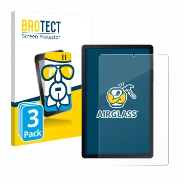 Parte frontal de un envase de producto con el logotipo de la marca BROTECT. Al lado se muestra el dispositivo Samsung Galaxy T