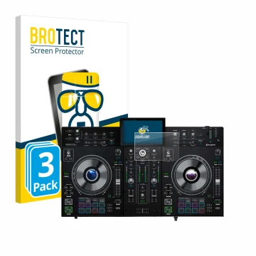 Parte frontal de un envase de producto con el logotipo de la marca BROTECT. Al lado se muestra el dispositivo Denon DJ Prime 2